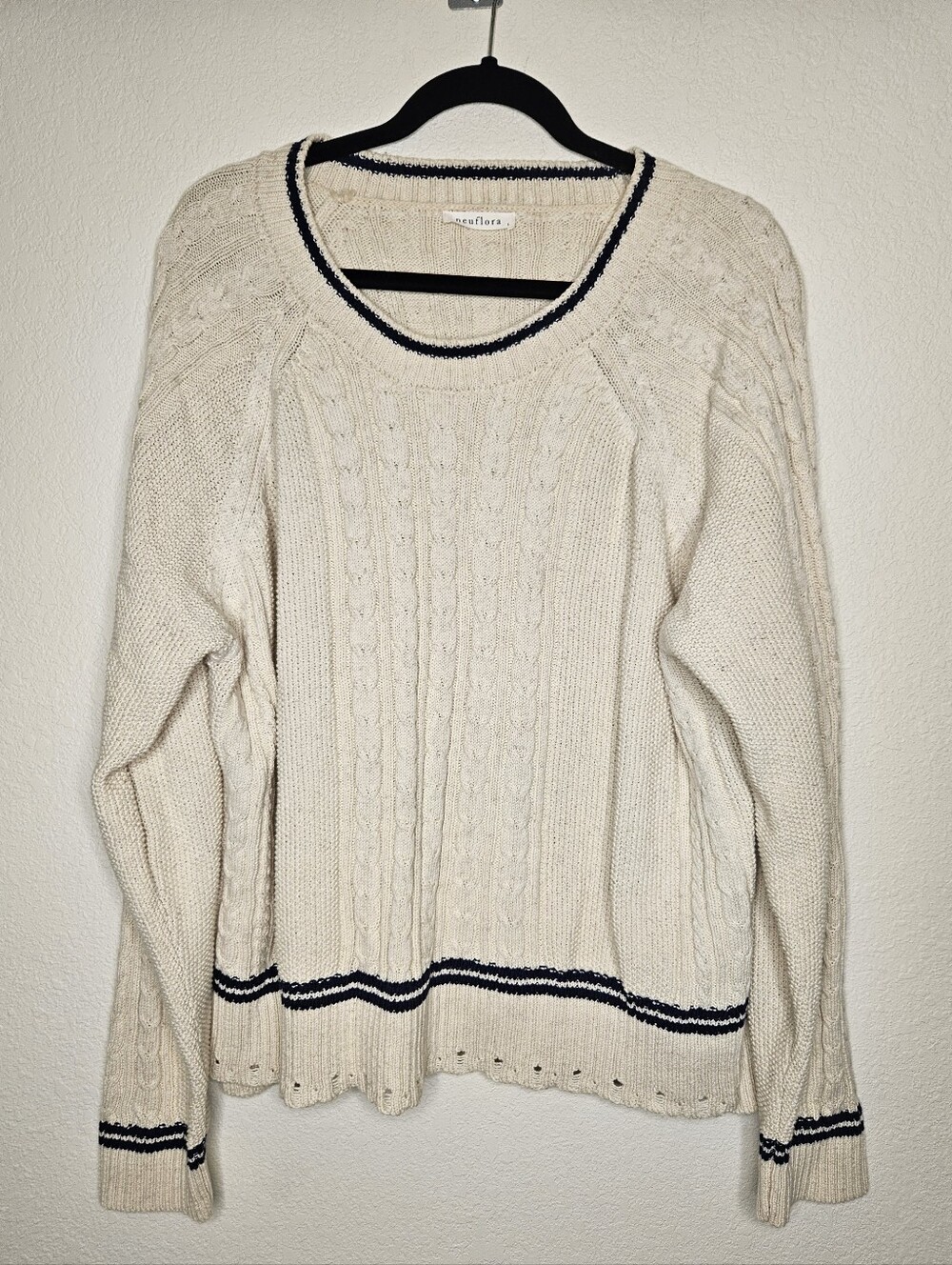 Neuflora Cream Cable Knit Sweater with Navy Trim